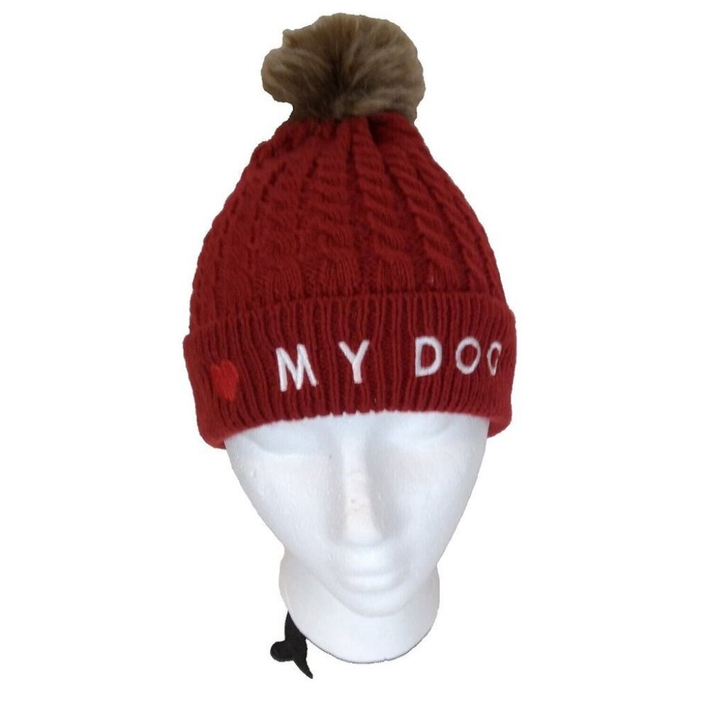 Holiday Tails Red Knit Beanie Hat – "I ❤️ My Dog" –Faux Fur Pom-Pom – Adult Size